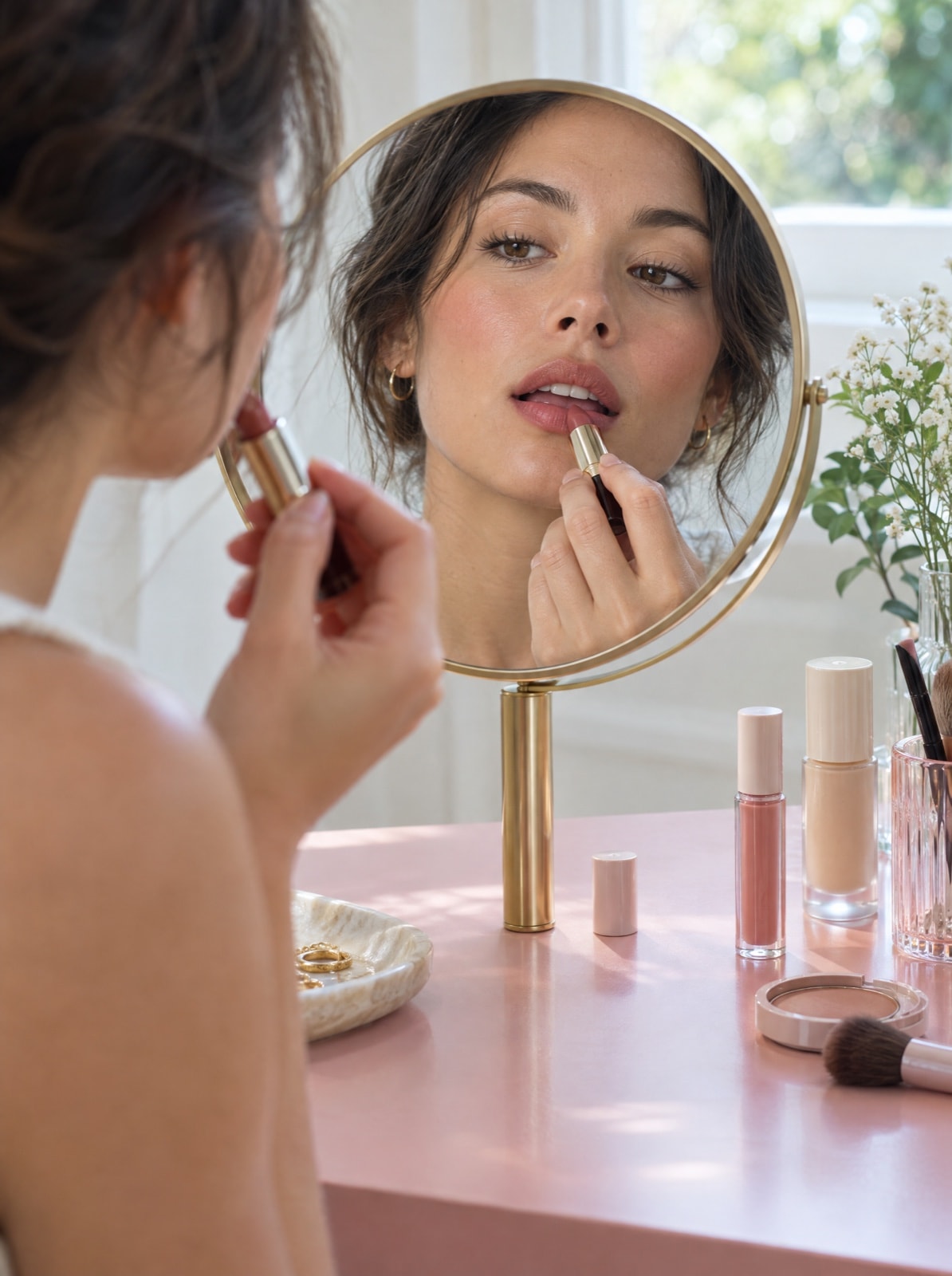 Una mujer se pinta los labios frente a un espejo pequeño.