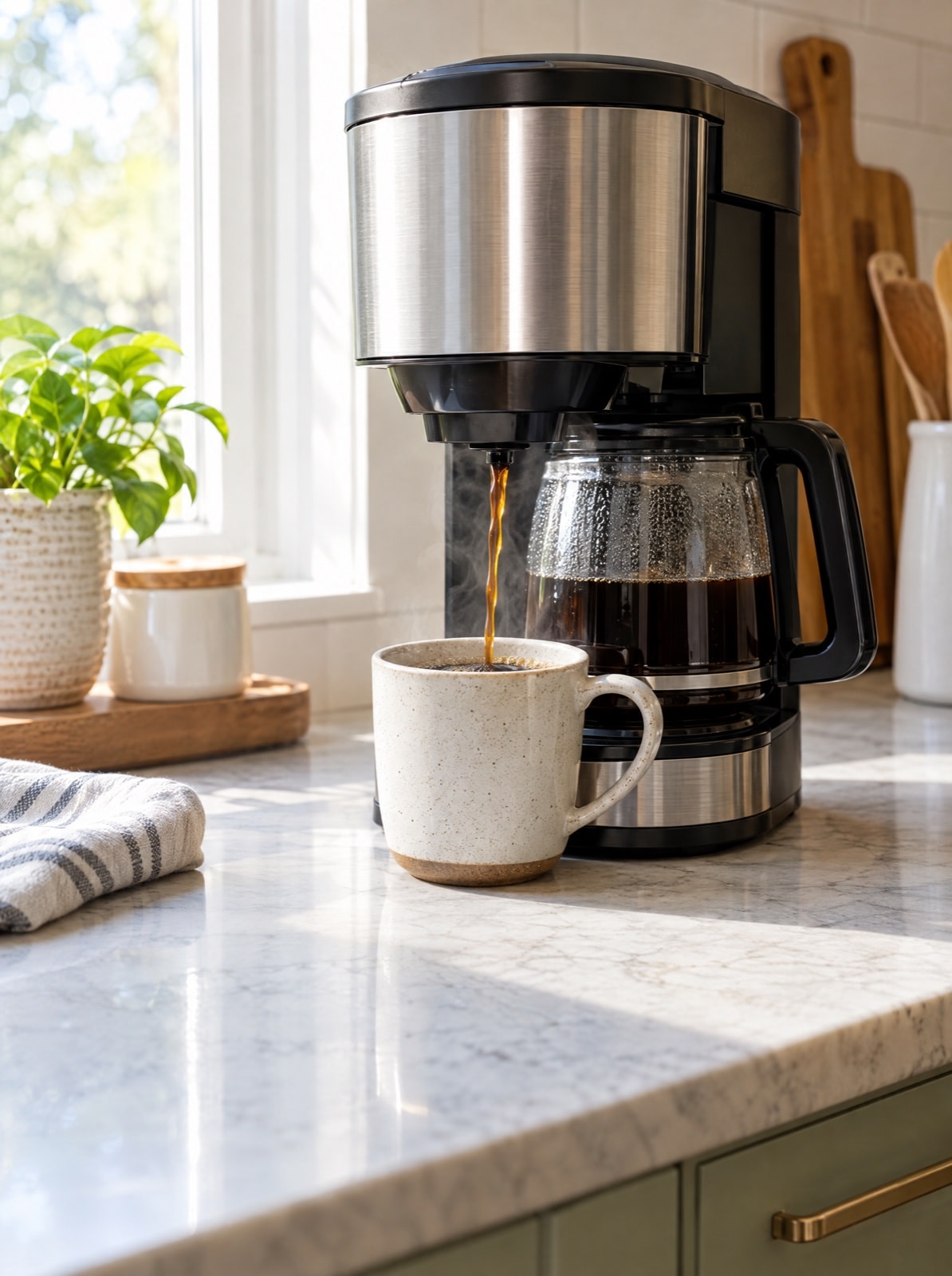 Una cafetera nueva sirve café en una taza.
