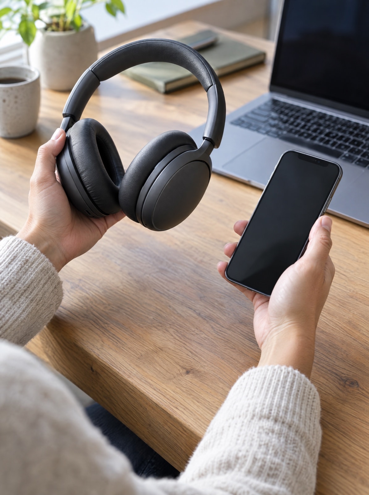 Unas manos sostienen unos audífonos y un teléfono sobre un escritorio.