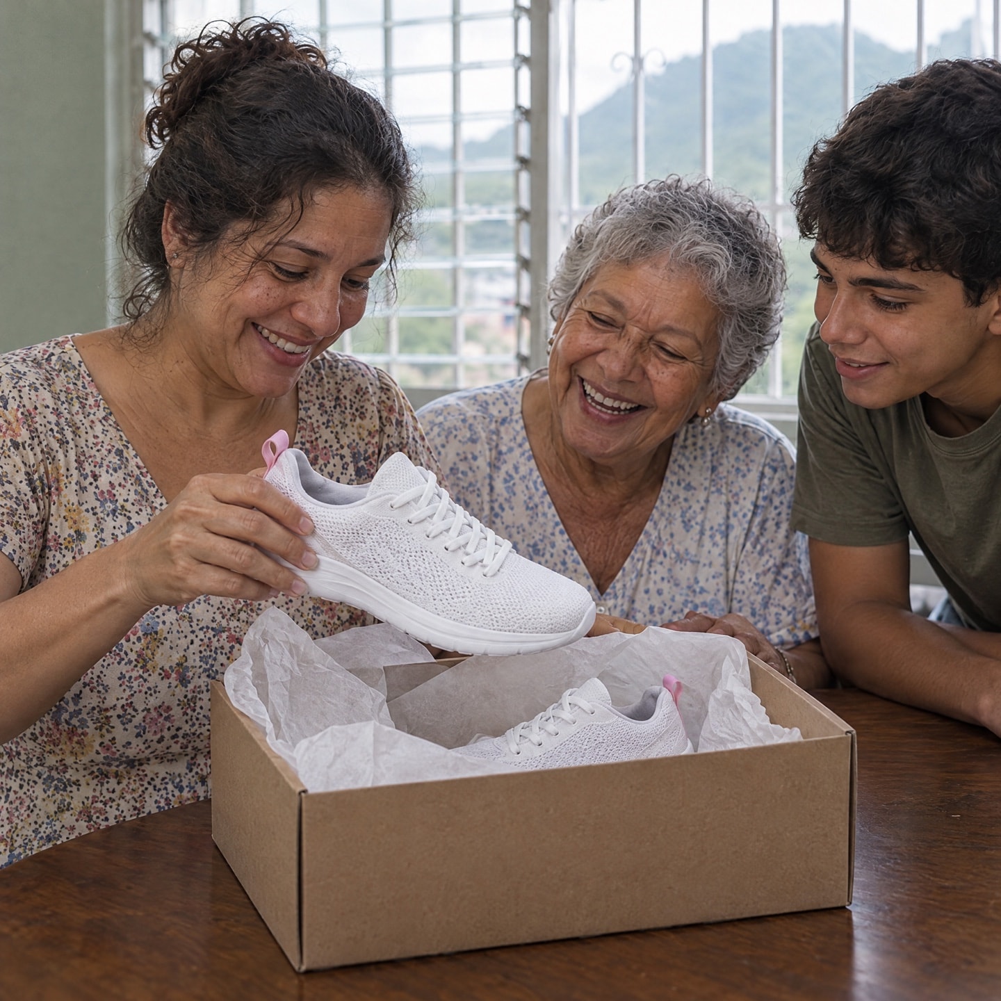Una familia en su apartamento en Caracas abre la caja que le llegó y saca unos zapatos nuevos; la abuela se ríe.