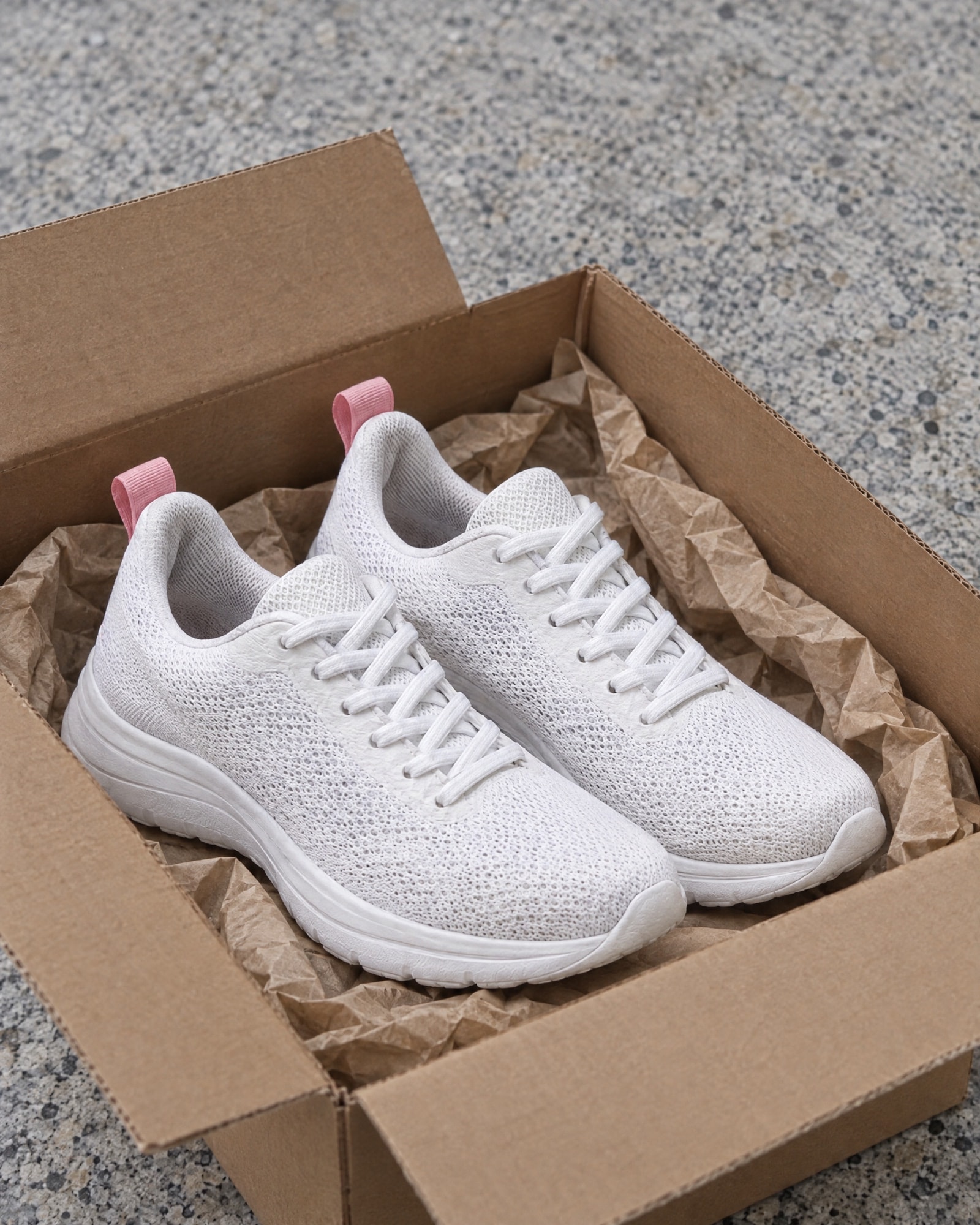 Los zapatos en una caja de envío abierta, sobre un piso de granito.